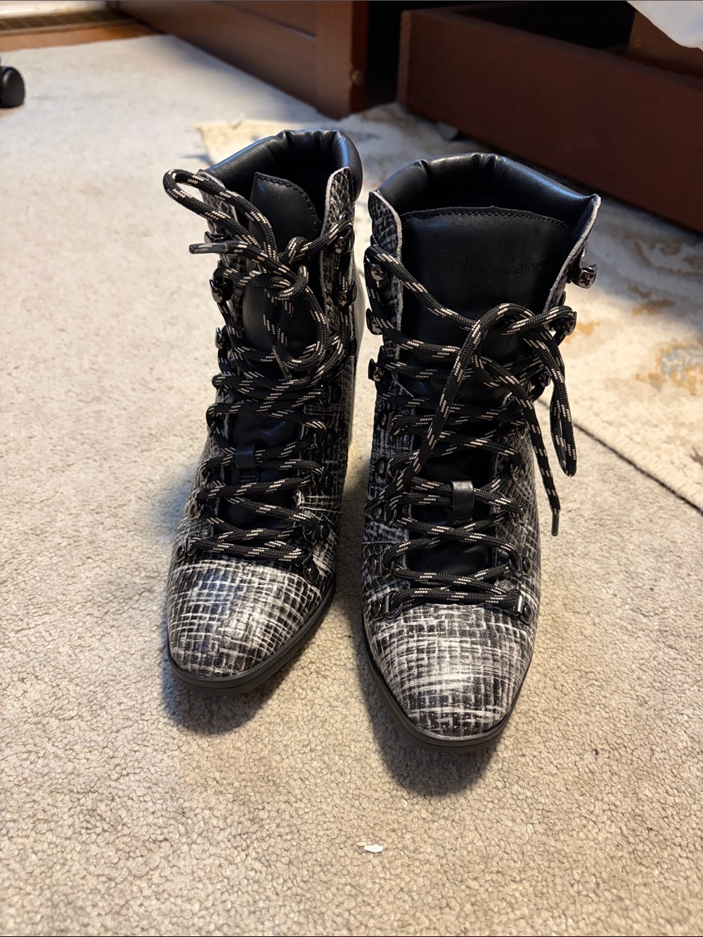 Calvin Klein Black and White Lace-Up Ankle Boots